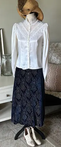 Gunne Sax Vtg 80’s Gunnies cream satin sheer lace Victorian button down feminine blouse M