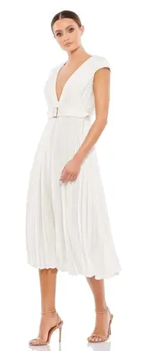 Mac Duggal Ieena for Pleated Cap Sleeve Belted A-Line Midi Dress in White Formal - Image 1
