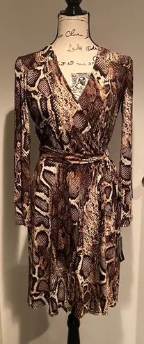 Donna Morgan NWT Wrap Tie Long Sleeve Snake Print Dress Black/Taupe/Brown