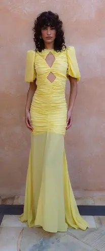 DE LA VALI Yellow Middle Front Cutout Ruching Flowy Sheer Skirt Olympia Gown 14 Size 10
