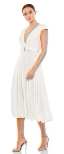 Mac Duggal NEW Pleated Cap Sleeve Belted A-line Midi Dress Gown Whiteb