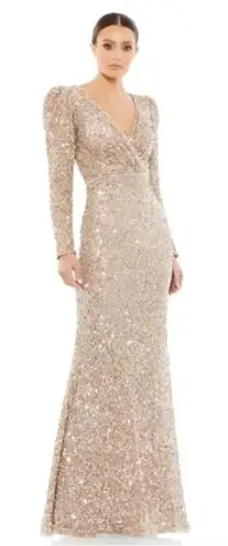 Mac Duggal Shimmering Gold Puff Shoulder Sequined Surplice Gown Dress Size 6 - Image 1