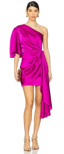 Solace London Marcie One Shoulder Draped Knot Mini Dress in Fuchsia Pink Sz 2