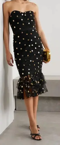 Marchesa Notte Strapless Black Gold Sequin Polka Dot Tulle Midi Dress 8 NWT