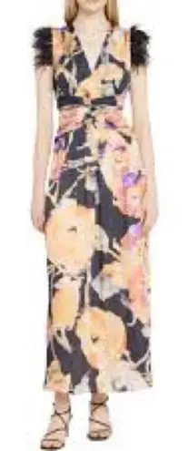 Ranna Gill Anthropologie Watercolor Floral Feather Maxi Dress with Cut Outs Black Size M