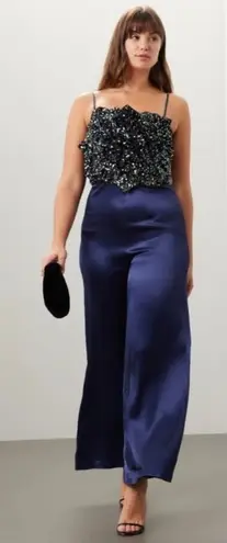Badgley Mischka Jumpsuit Womens 16 Blue Black Rose Sequin Satin Wide Leg