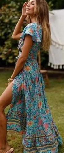 Boutique Short Sleeve Boho Floral Mixed Print Maxi Wrap Dress Boho Blue Small Ru