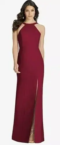 NWT Dessy Collection High Neck Backless Crepe Trumpet Gown in Burgundy 3039 Red Size 16