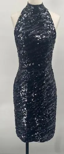 Vintage 90s Lillie Rubin Silk Sequined Mini Dress High Neck Sleeveless Womens 8 Black
