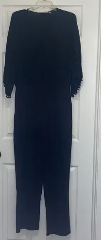 Soft Surroundings Black Patterned Jumpsuit with Cut out Sleeves & Pom Pom Trim - Image 1