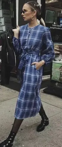 Zara Plaid Midi Dress Belted Balloon Sleeve Blue Size Small blogger favorite