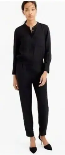 J Crew Women Navy Drapery Oxford Jumpsuit Long Sleeve Elastic Waist SZ 2 Blue