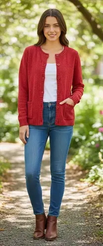 White Stag Women's Red Chenille Cardigan Sweater L