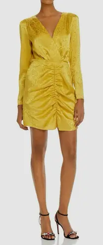 WAYF Yellow Gold Snake Print Long Sleeve Mini Dress Ruched Low Cut Large New