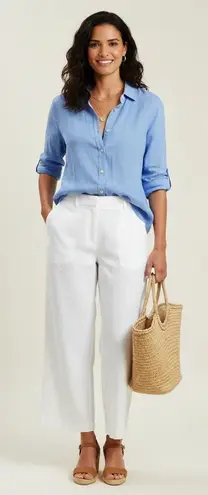 Orvis Classic Collection Womens XL Blue Linen Rayon Button Down Roll-Tab Shirt - Image 1