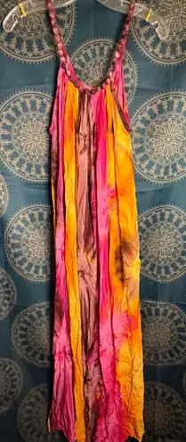 None Indonesian Handmade Embellished Pink and Orange Halter Sundress
