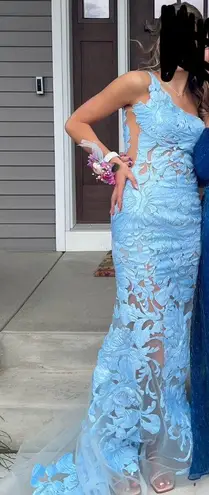 Jovani One shoulder light blue floral prom dress