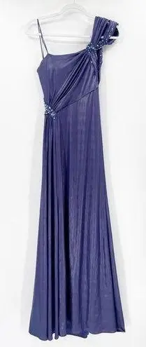 La Femme  Navy Blue Beaded One Shoulder Open Back Maxi Evening Gown Size 6