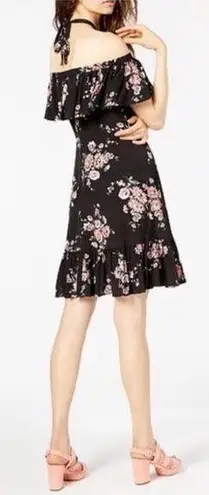 Jill Stuart Black & Pink Floral Off Shoulder Ruffled Knee Length Dress Size 2