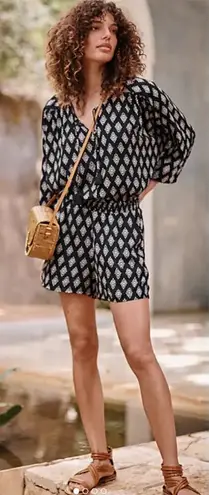 Garnet Hill Remi Draped Romper Black Diamond Print Bohemian Size XS