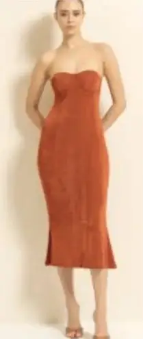 Cult Gaia Rust Orange Strapless Knit Twist Front Midi Dress Side Slit Size XS
