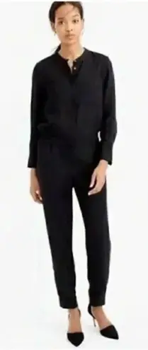 J Crew Women Navy Drapery Oxford Jumpsuit Long Sleeve Elastic Waist SZ 2 Blue