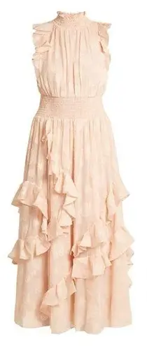 Rebecca Taylor Silk Blend High-Smocked Floral Fil Coupé Midi Dress Blush Pink 2
