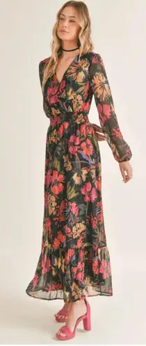 Sadie and Sage Among the Stars Surplice Maxi Dress -Black Multi Floral- Size Small