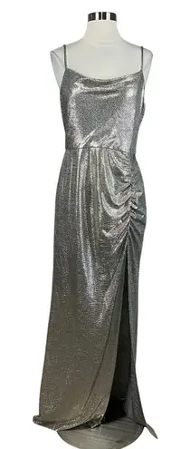 Avery G Light Gold Metallic Evening Gown Size 8 Sleeveless Thigh Slit Formal