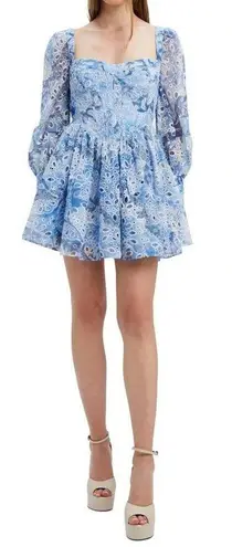 Bardot Lila Eyelet Corset Long Sleeve Minidress Blue Garden