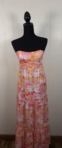 Women's Rnwy Dress Beautiful Strapless Printed Pink Yellow Long Maxi 6 Medium