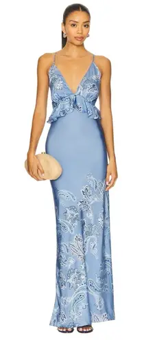 ROCOCO SAND Cross Back Peplum Maxi Dress in Light Blue Large New Womens Satin Go