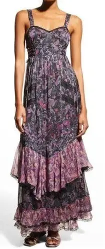 Rococo Sand Nott Sweetheart Tiered Metallic Purple Paisley Maxi Dress Size S