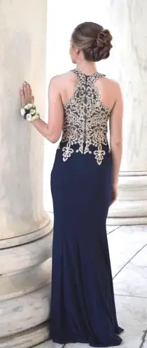 XScape Navy Blue And Gold Prom Dress