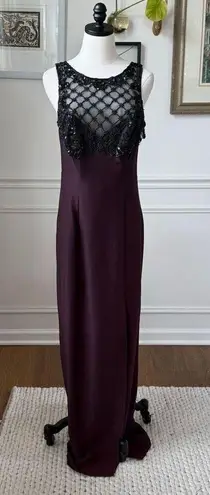 Vintage 80s 90s Purple Black Mesh Beaded Illusion Bodice Formal Gown M Size M