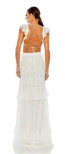 Mac Duggal SEQUINED RUFFLED CAP SLEEVE CUT OUT TIERED GOWN Size 8. $598