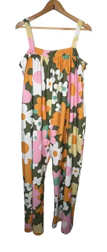 Floral Jumpsuit Wide Leg Square Neck Sleeveless Casual Lounge Women Plus Size 2X Green