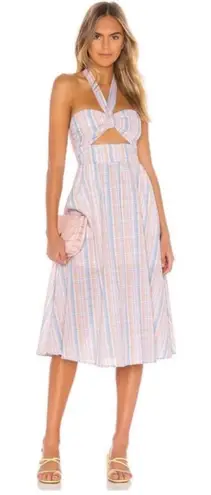 Majorelle ‘Florian’ midi dress in pink plaid w/ halter tie neck & bandeau top. S