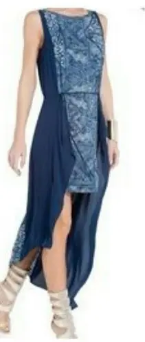 BCBG Maxazria Parisian blue dress textured denim print Asymetrical small urika