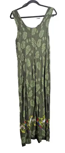 Palm Leaf Print Green Tropical Smocked Midi Maxi Dress Parrots Island Beach XL