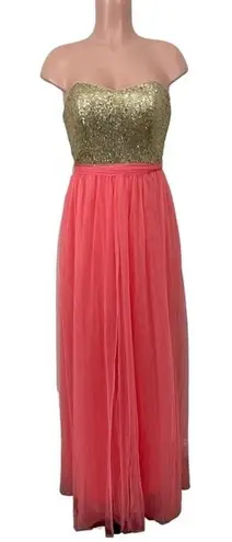 Christina Wu Bridesmaid Dress Style 22725 Size 4 Gold Sequin with Coral Tulle