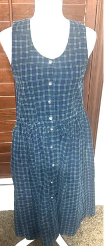 Bryn Connelly Corduroy Jumper Dress Sz 4P Tartan Plaid Navy green Midi VTG 80s Blue