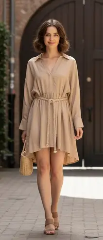 Mon Renn Hermosa Mini Oversized Shirt Dress with Belt in Chai Size Small NWT Tan