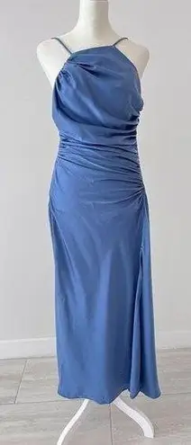 ASTR THE LABEL HALTER NECK SATIN MAXI DRESS IN STEEL BLUE Size Medium