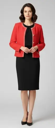 St. John NWT Basics Tweed Knit Jacket in Hibiscus Red Pearl Button Sweater 12