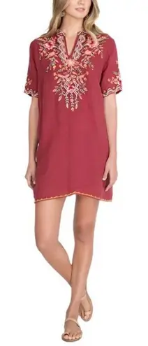 Johnny Was Alise Embroidered V-Neck Mini Dress in Red Size XS