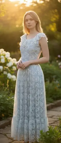 Handmade Vtg 70s White Lace Overlay Blue Satin Sleeveless “Gunne Style” Maxi XS