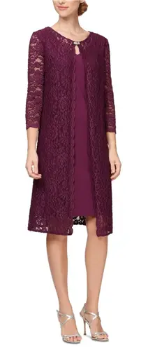 Alex Evenings NEW Purple One Piece Lace Jacket 3/4 Sleeve Cocktail Dress 14