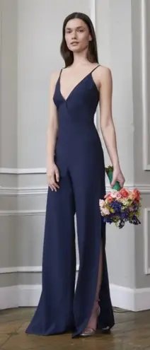 Monique Lhuillier Monique Lhuillier Bridesmaids Doutzen Jumpsuit Wide Slit Leg Navy Blue Size 12