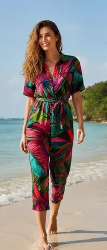 Farm Rio NWT Midnight Leaves Jumper Tropical Print Soft Fluid Belted Jumpsuit S